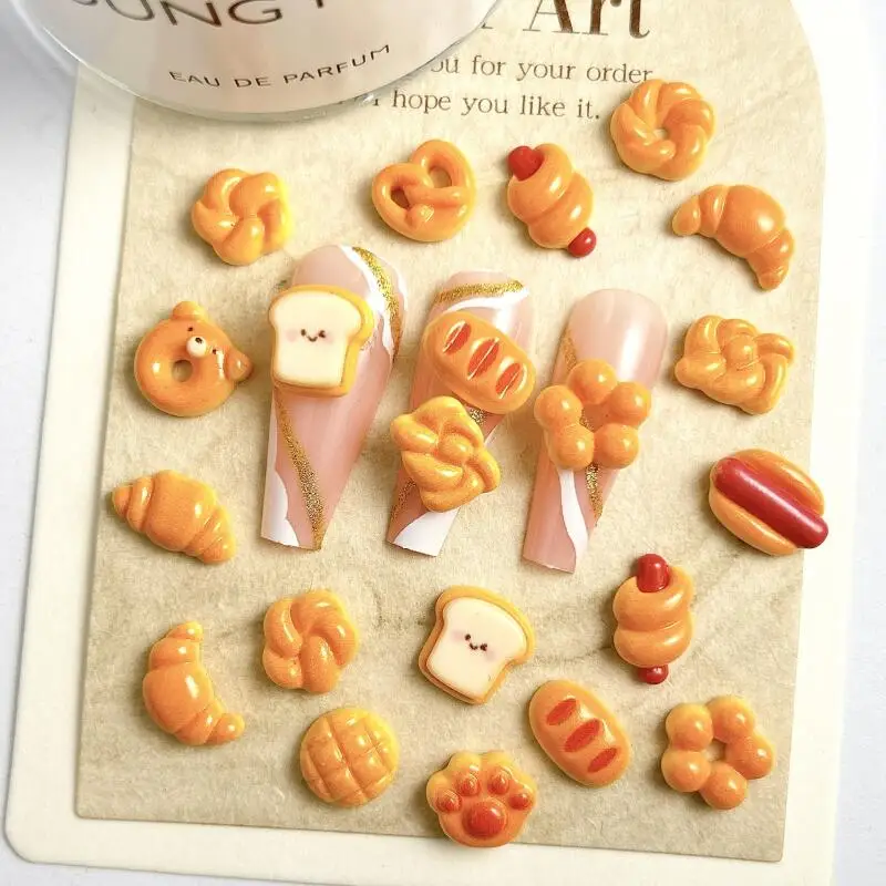 20Pcs New Cute Smiley Toast Bear Nail Charms Creative Simulated Sausage Bread Pineapple Bun Resin Nail Art Decorations for DIY