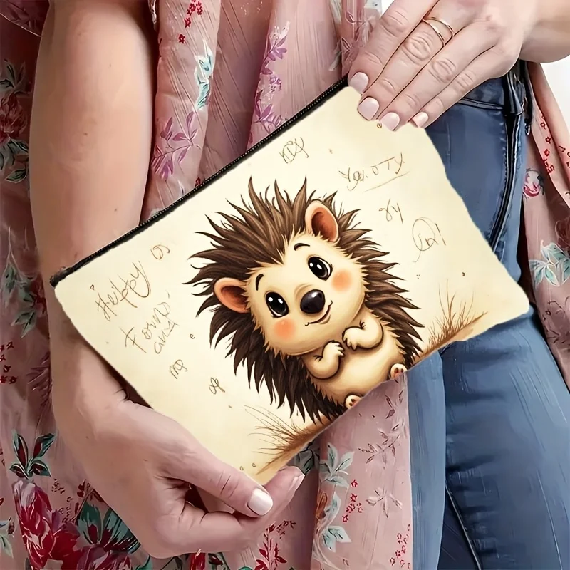 Kawaii Hedgehog Cosmetic Bag - Cute Anime Makeup Organizer with Zipper Closure, Beige & Brown Pastel Toiletry Pouch