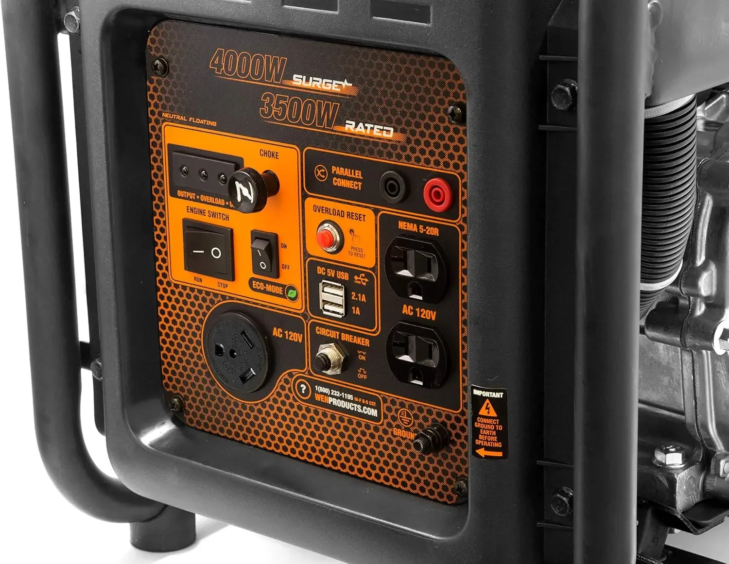 Générateur d'onduleur à cadre ouvert GN400i RV-Ready de 4000 watts, compatible CARB, noir/orange