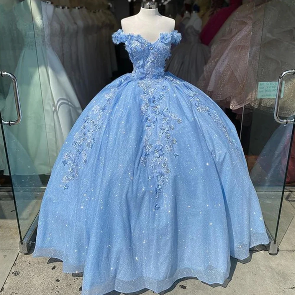 

Bealegantom Blue Long Prom Dress Off Shoulder Quinceanera Dresses Ball Gown 3D Hand Made Flowers Sweet 16 Vestido De 15 Anos