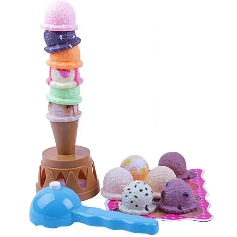 Juego de simulación de juguete de cocina de plástico para niños, divertido juego de equilibrio de torre de helado DIY, comida de postre para bebé, juguetes para jugar a las casitas, regalo para niños