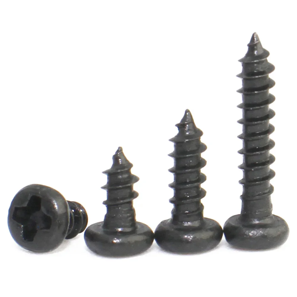 100pcs Black Carbon Steel M1 M1.2 M1.4 M1.5 M1.7 M2 M2.3 M2.6 M3 M3.5 M4 M5 Cross Round Head Phillips Self-tapping Screw