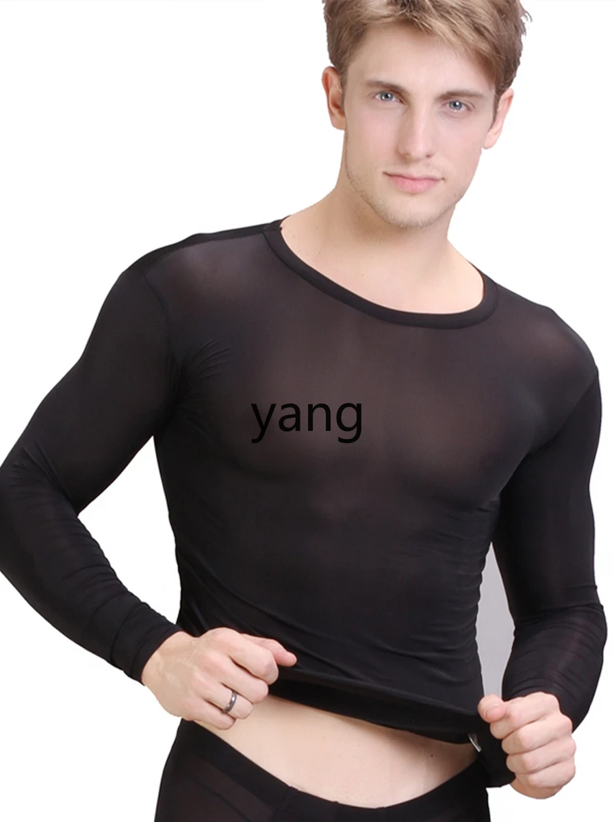LMM ice silk men's autumn clothes men's tops winter silky thin thermal underwear wear long sleeves
