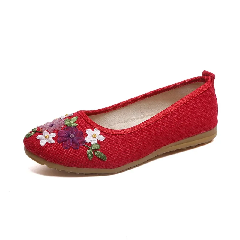 Vintage Embroidered Women Flats Flower Slip On Cotton Fabric Linen Comfortable Old Peking Ballerina Flat Shoes Sapato Feminino