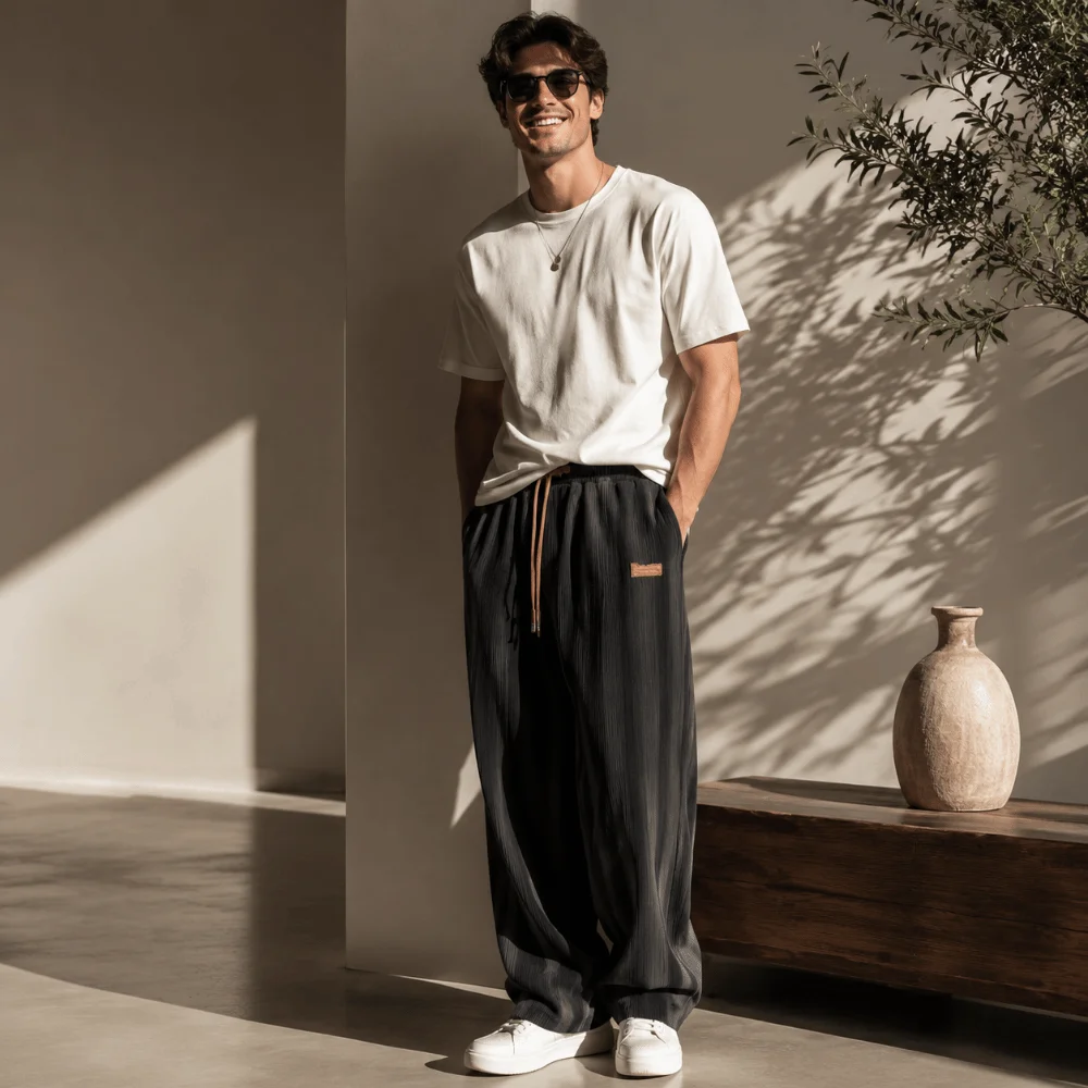 Fashion Summer Men's Casual Pants Ice Silk Breathable Wide Leg Pants Loose Long Sport Trousers Running Hiking