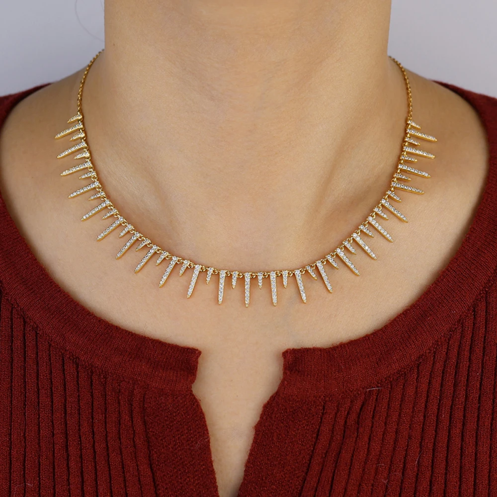

New Iced Out White Cz Spike Charm Choker Necklace Gold Color Bling Micro Pave Pendant Collar Jewelry for Women