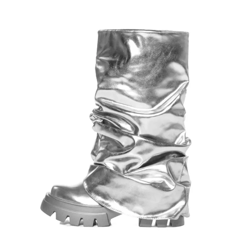 

Arden Furtado 2024 Metal leather Middle boots Round toe Platform Turned-over Edge Super high heel Modern boots