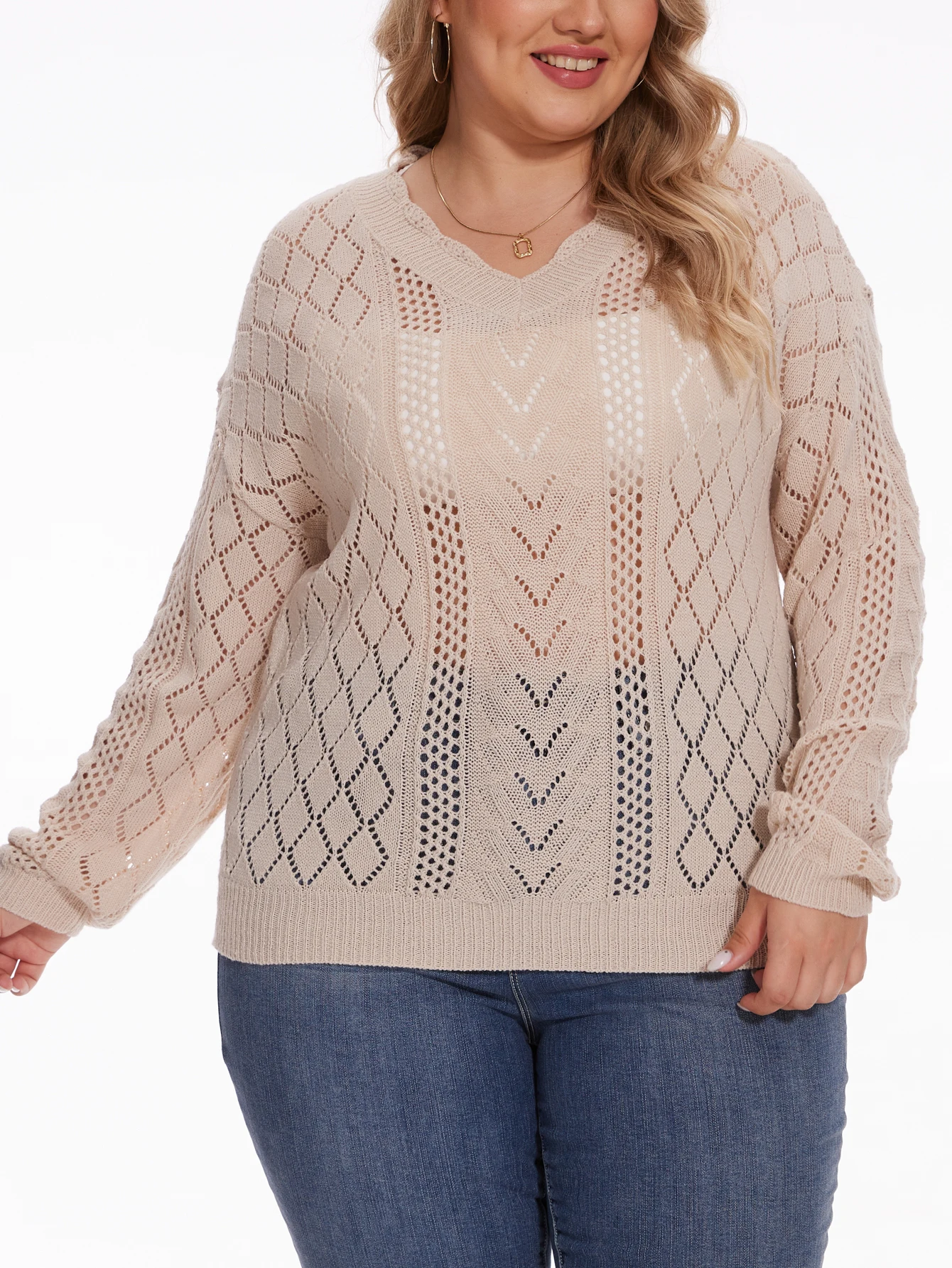 

plus Size Loose V-Neck Diamond Patterned Cover up Shirt for Women