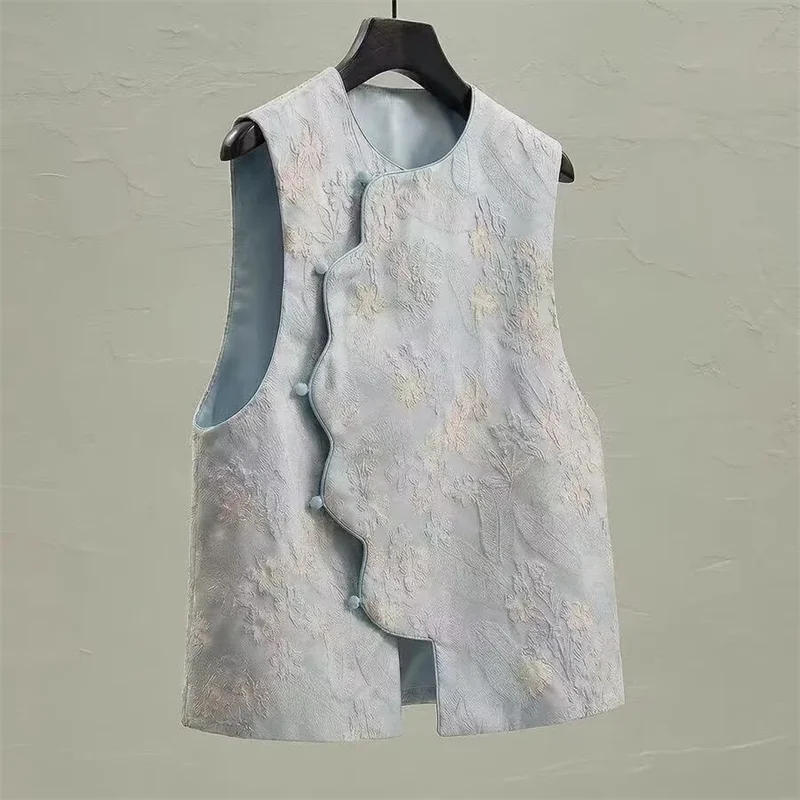 New Women Coat Fashion Chinese National Style Women's Clothing Spring and Summer Blue Embossed Jacquard Stacked Loose Vest Coat