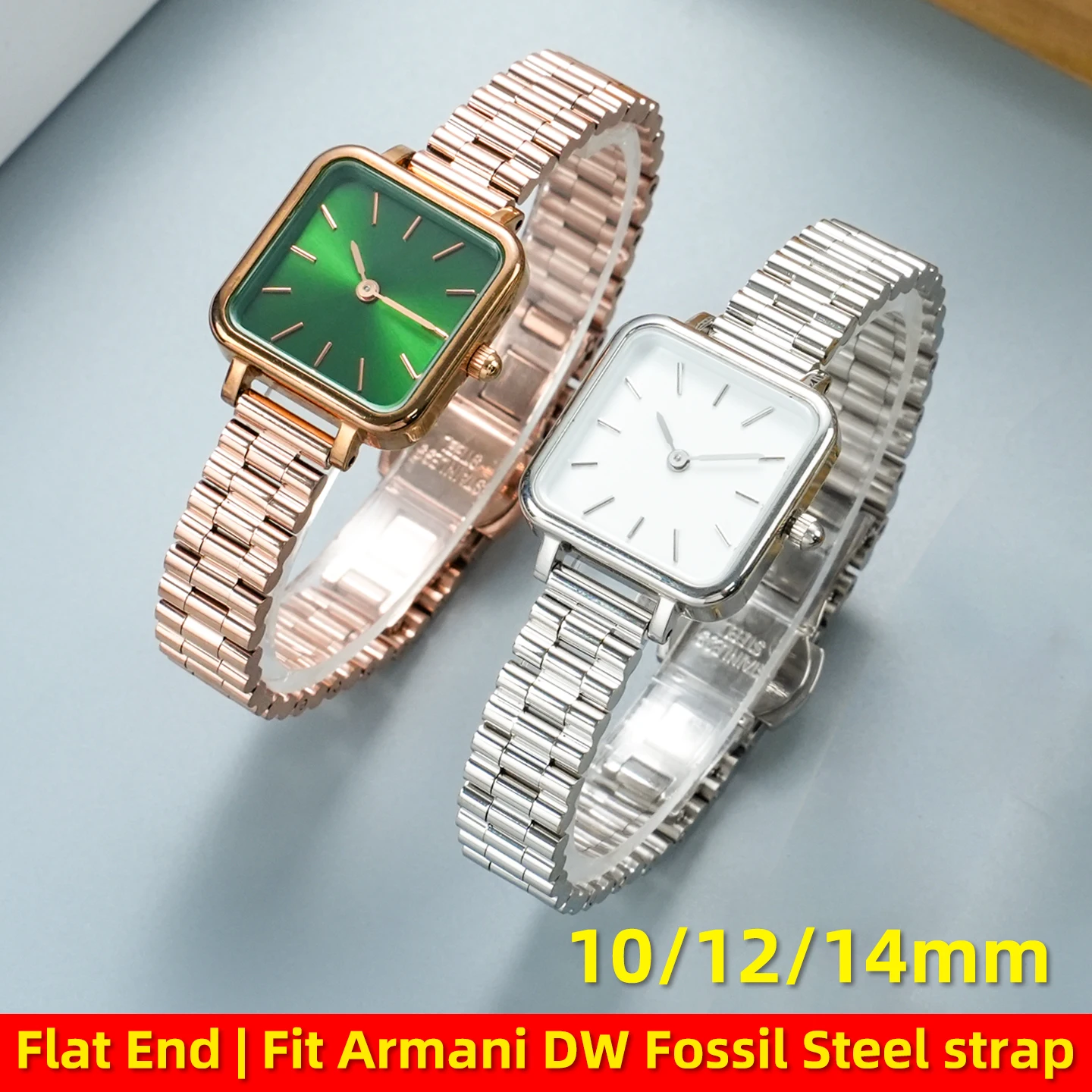 

10mm 12mm 14mm Women Stainless Steel Watch Strap Universal Flat End Metal Watch Band Replacement Bracelet Accessories with tools