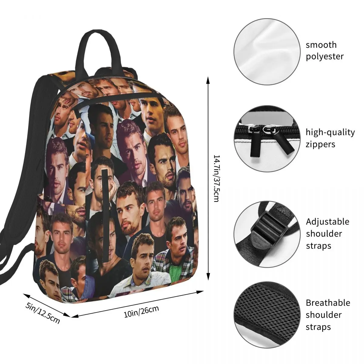 Theo James Photo Collage Backpack Student BookBag Kids School Bag Computer Shoulder Bags Men Women