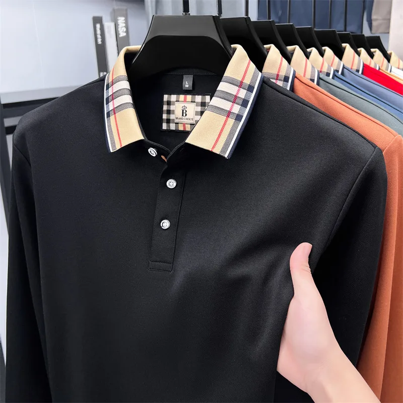 

Luxury brand long sleeve polo shirt men's spring autumn trend plaid T-shirt casual business silk cotton comfortable lapel top