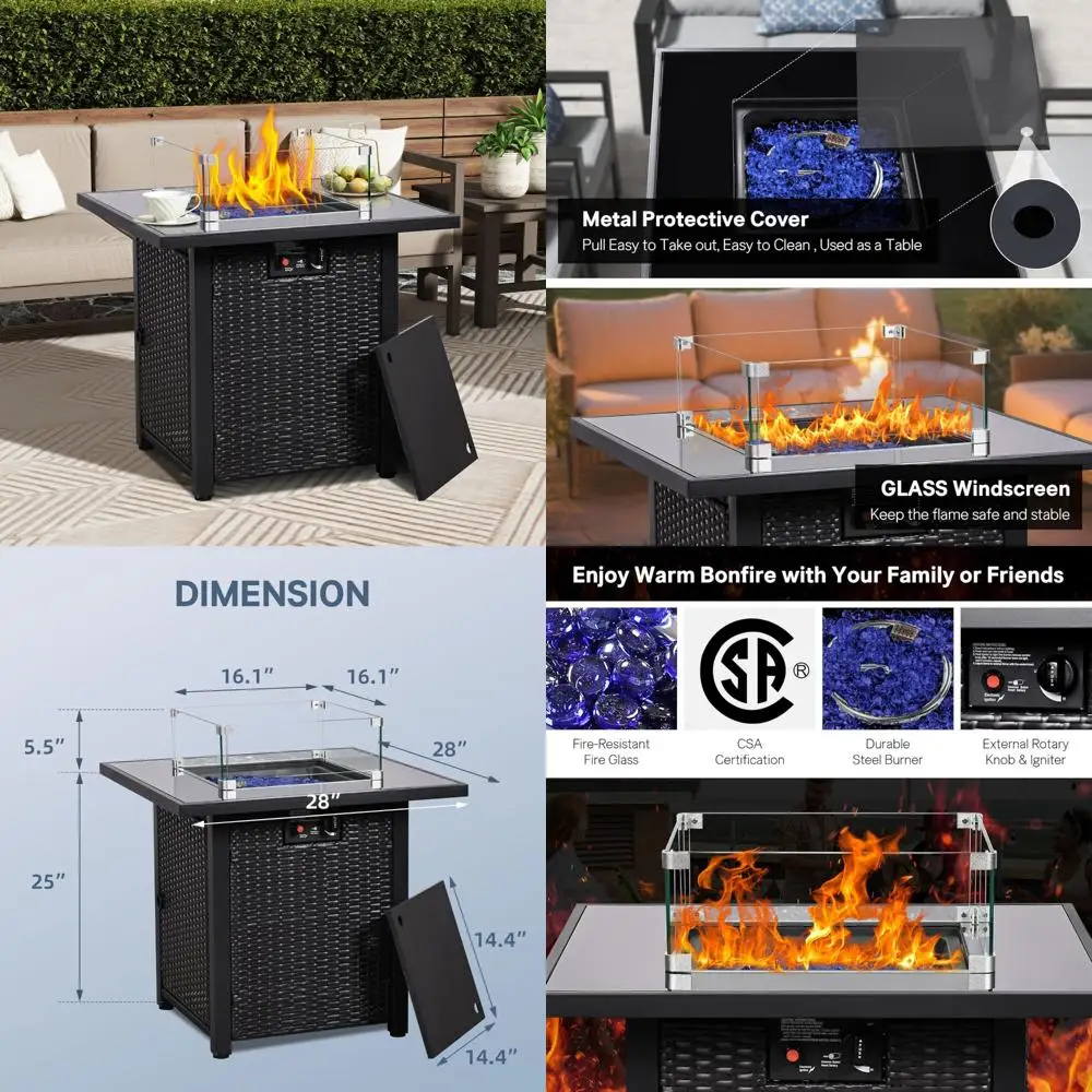

Открытый квадратный стол для костра на пропане со стальной газовой горелкой мощностью 50 000 БТЕ, сертифицированной CSA, импульсным зажиганием и стеклянной крышкой
