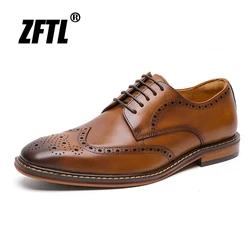 ZFTL Men's Brogue Shoes Genuine Leather Man Formal Business Shoes all match Derby Shoes handmade cow leather wedding shoes 2025