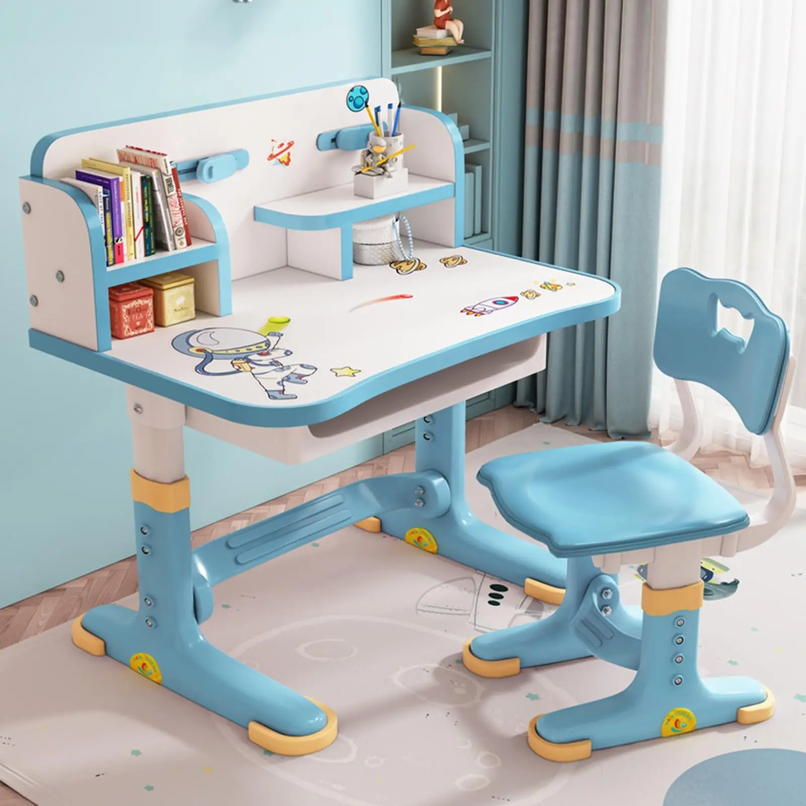 Height-Adjustable Kids Desk Chair Set with Widened Desktop Cartoon Pattern Drawer Blue