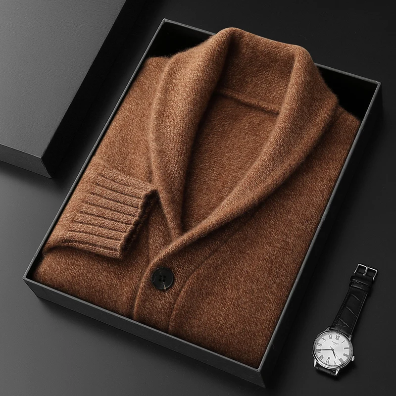 CHICUU Men's 100% Cashmere Sweater Shawl Collar Cardigan Coat Thick Warm Clothes Autumn Winter Smart Casual Cashmere Knitwear