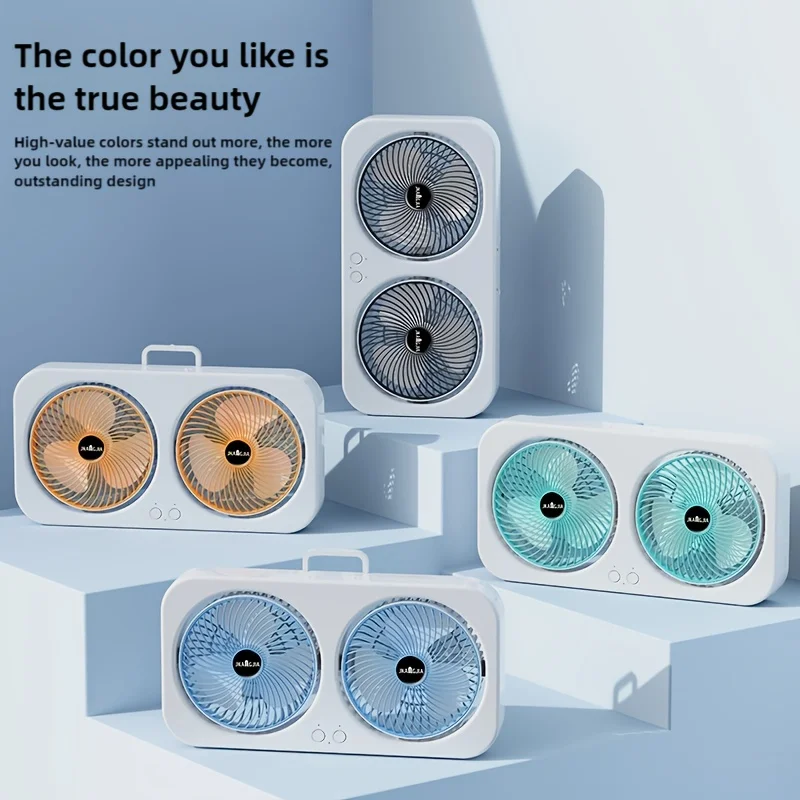 Ventilateur USB double tête, pales rotatives à 360 °, support mural ou conception autoportante, ventilateur rechargeable pour bureau, chambre à coucher, camping en plein air