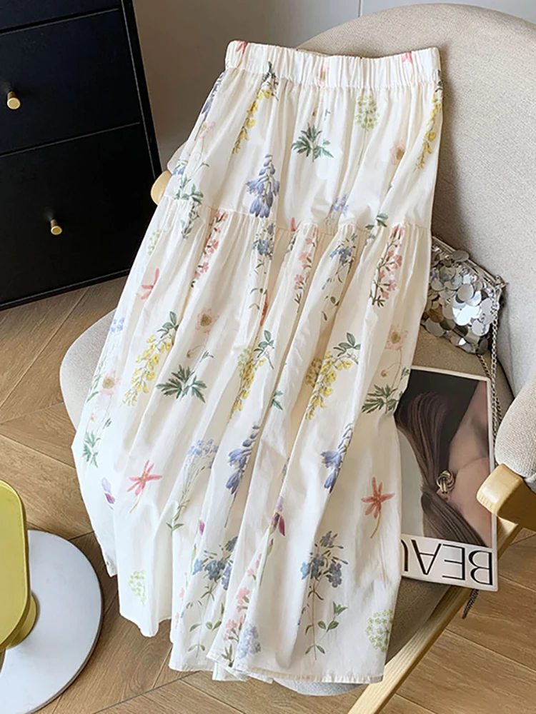 

Юбка миди А-силуэта с цветочным принтом, женская, летняя, новинка 2025, маленький размер, нежная, струящаяся, скрывающая бедра, с большим подолом