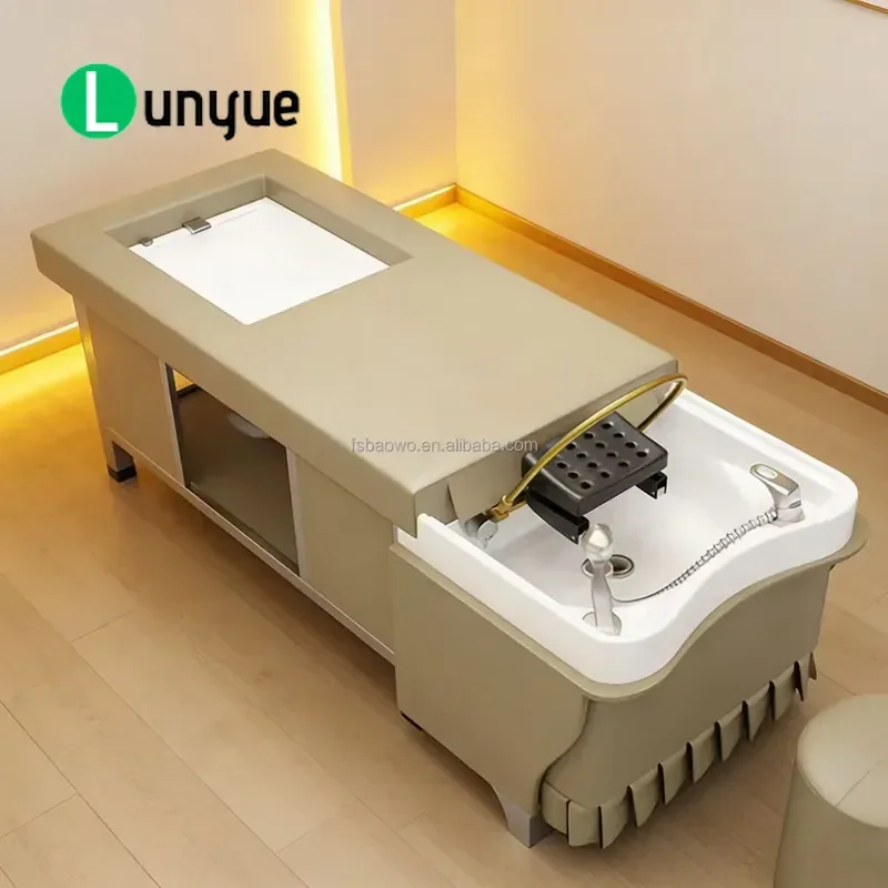 Multifunctional Japanese Head Spa Shampoo Bed with LED Thai Massage Leather Cushion Wooden Frame for Beauty Center