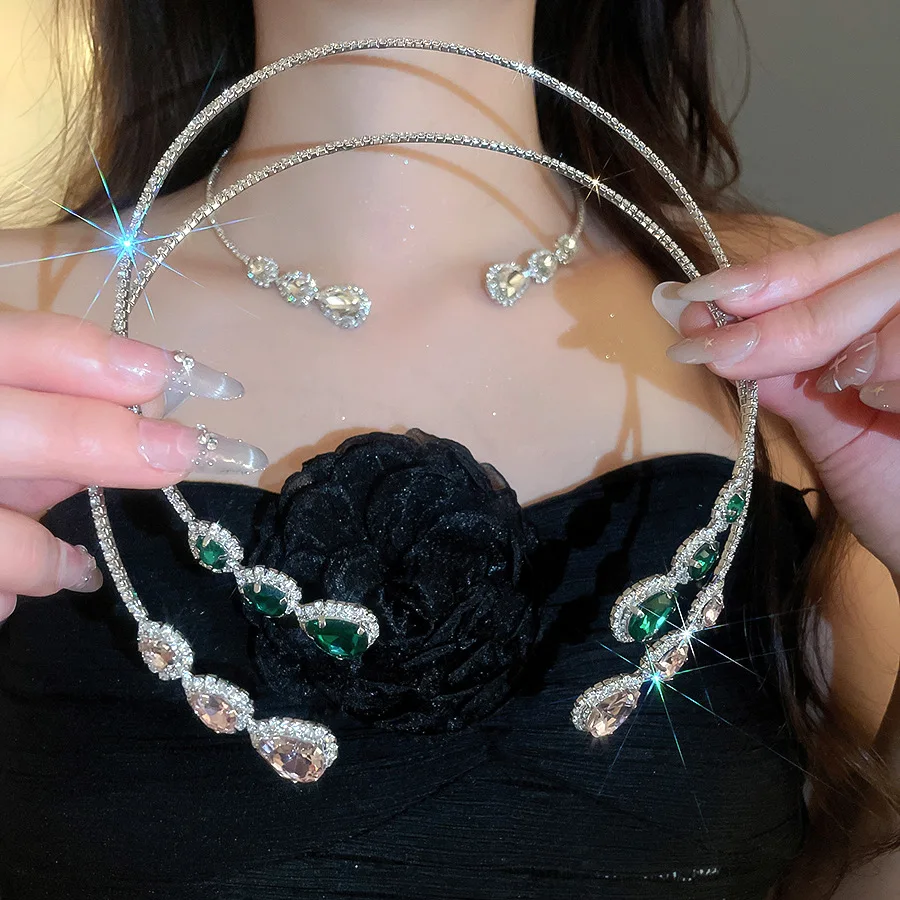 Luxury Rhinestone Collar Necklace Earring Set For Women Water Drop Choker Necklace Bridal Wedding Party Jewelry Sets
