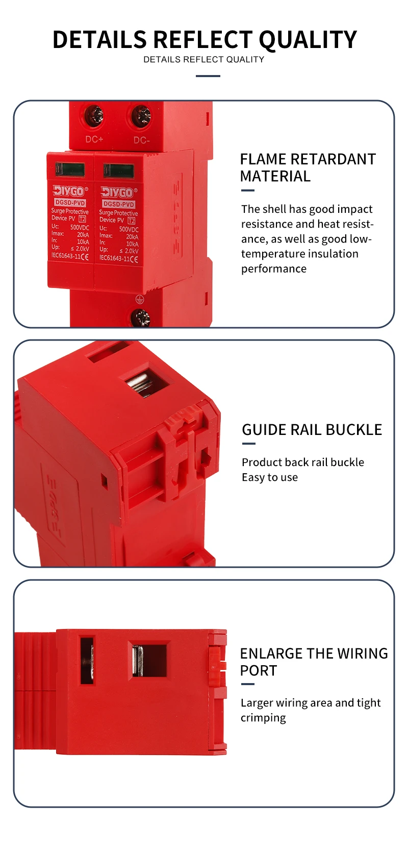 DC-Überspannungsschutzgerät 2P DIN-Schienen-Typ SPD 10kA~20kA 20kA~40kA 30kA~60kA 500V/600V/800V/1000V Blitzschutz-Ableiter – Detail 6
