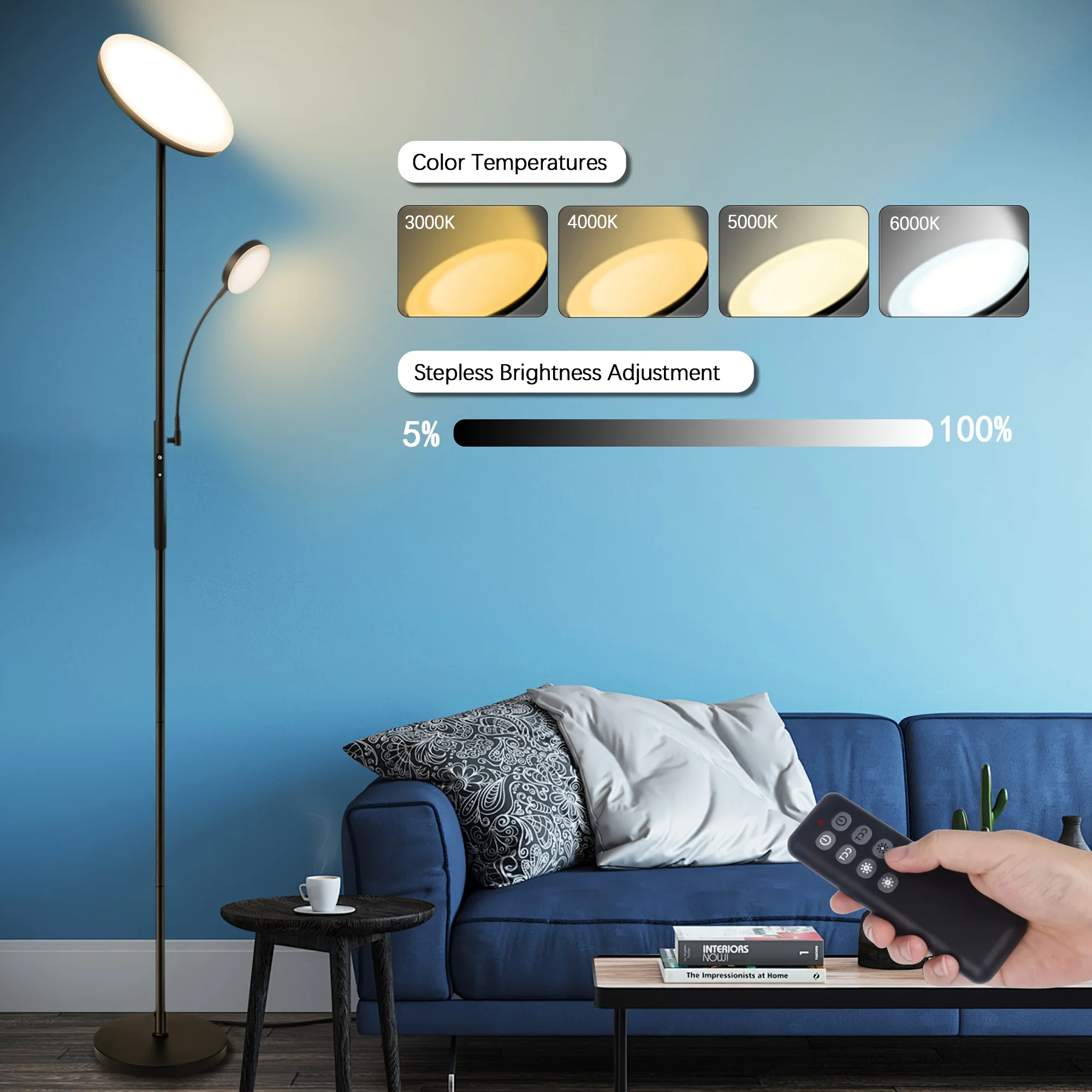

Dual-Function LED Floor Lamp, Featuring a 27W/2300LM Main Light And a 7W/350LM Reading Light, with Four Adjustable Color Temperatures. This Dimmable Torchiere Standing Lamp Includes Remote And Touch Control, Suitable for Home And Office Use