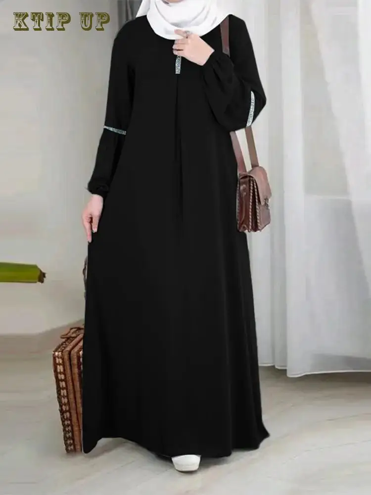 Middle East Dubai Arab Fashion Long Sleeved Muslim Morocco Abaya Dress Casual Sequin Sun Dress Solid Robe Clothing Maxi Dresses