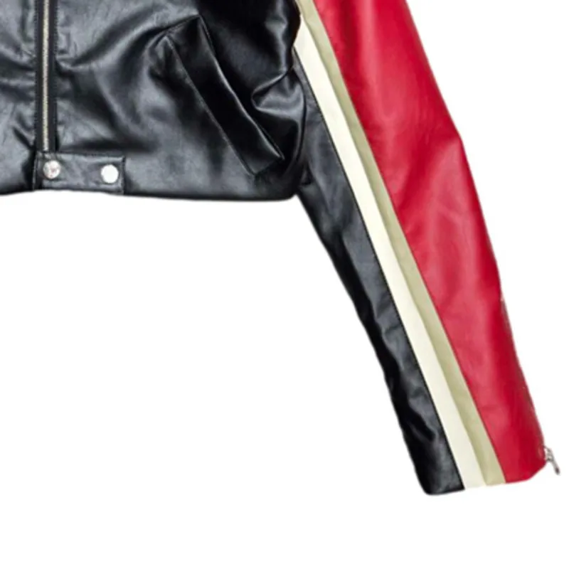 HKSH primavera otoño nueva mujer Pu abrigo de cuero contraste Color Patchwork Moto Biker Chaqueta corta Chic cremallera remache Tops Ins HK12772