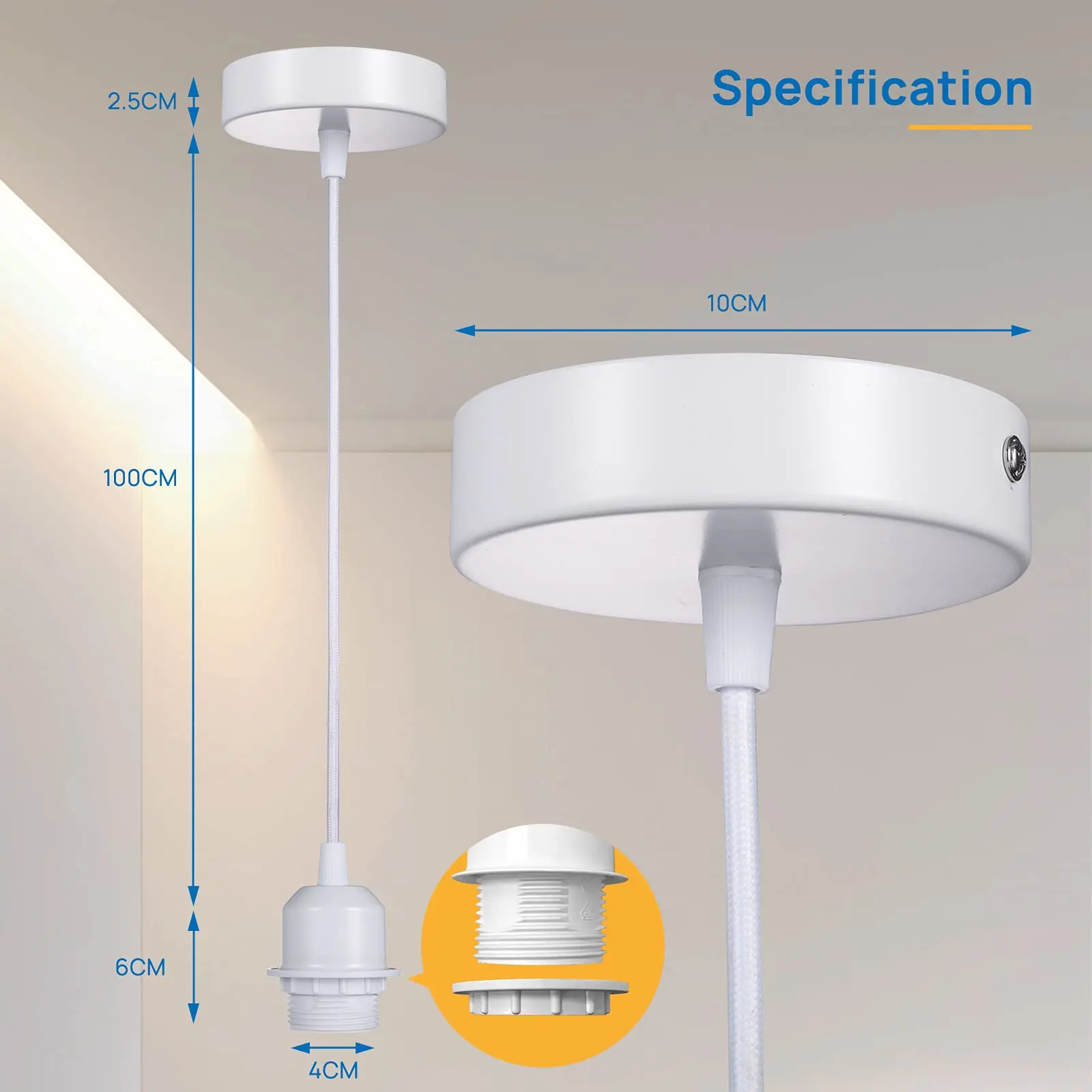 E27 oprawka wisząca z pełnymi zębami do lampy DIY czarny biały 1M 110V sufit gniazdo oprawka do lampy podstawa lampy do do zawieszenia