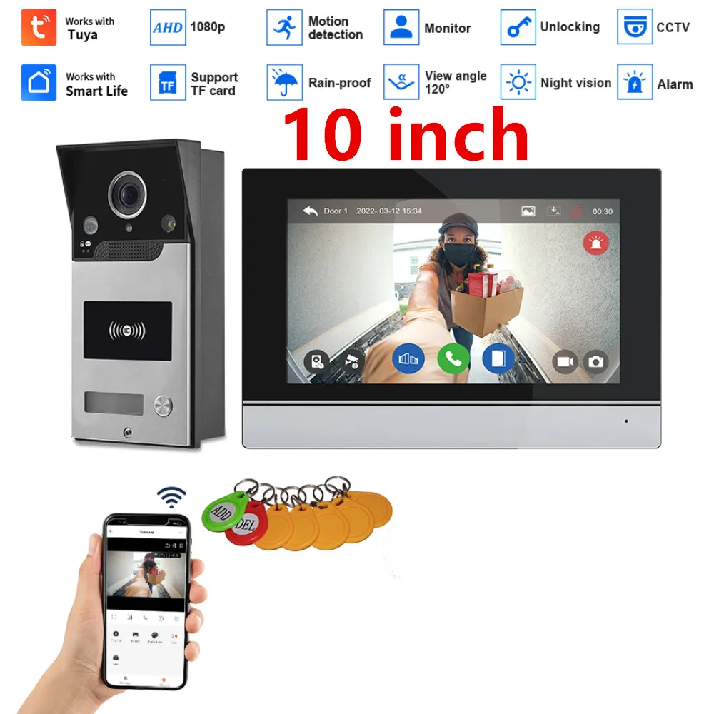 

1080P 10 Inch Color Touch Screen Wireless Wifi Video Doorbell Smart TUYA Home Intercom Kit for RFID Access Control System