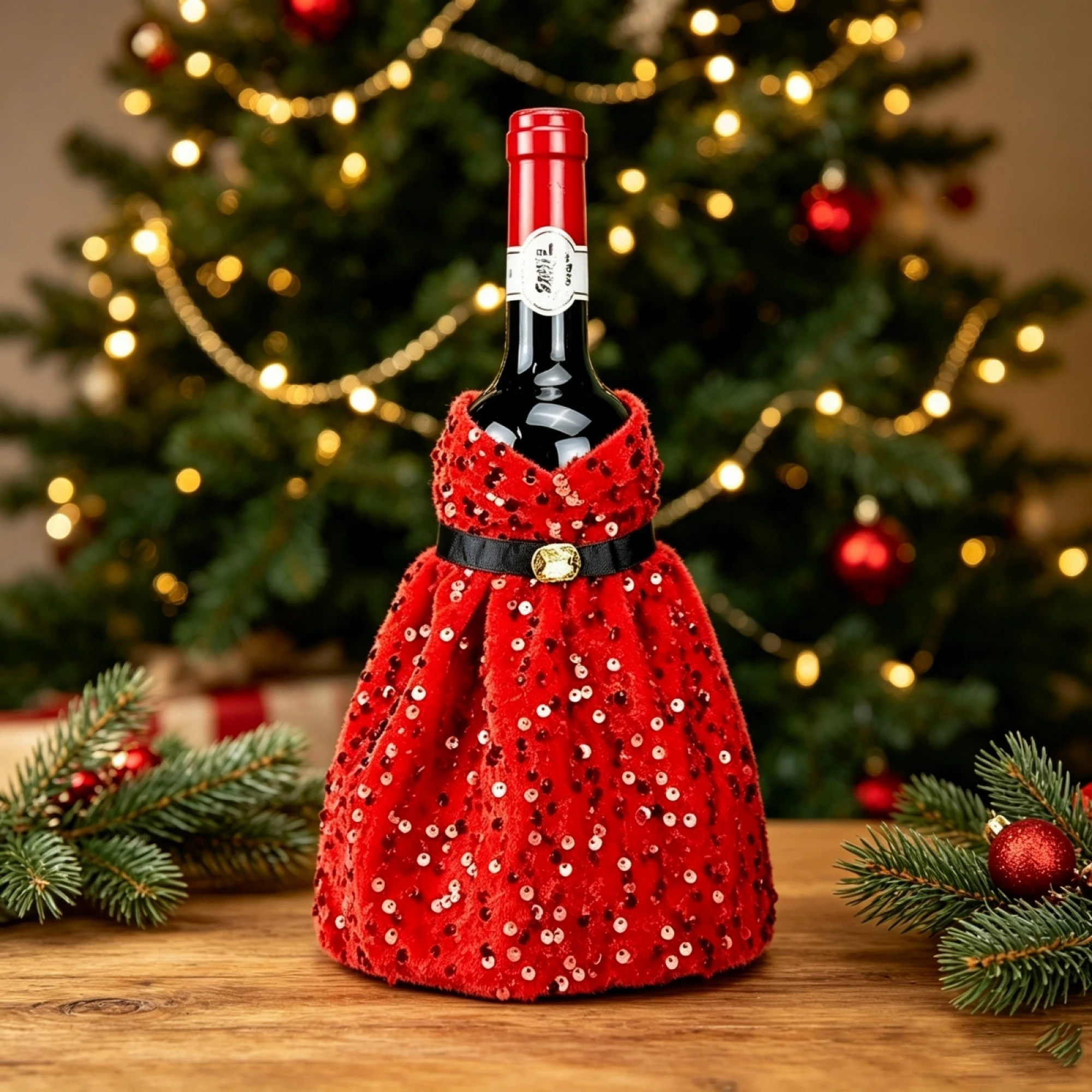 Christmas Wine Bottle Cover Shiny Sequins Dress Dinner Table Decor Present