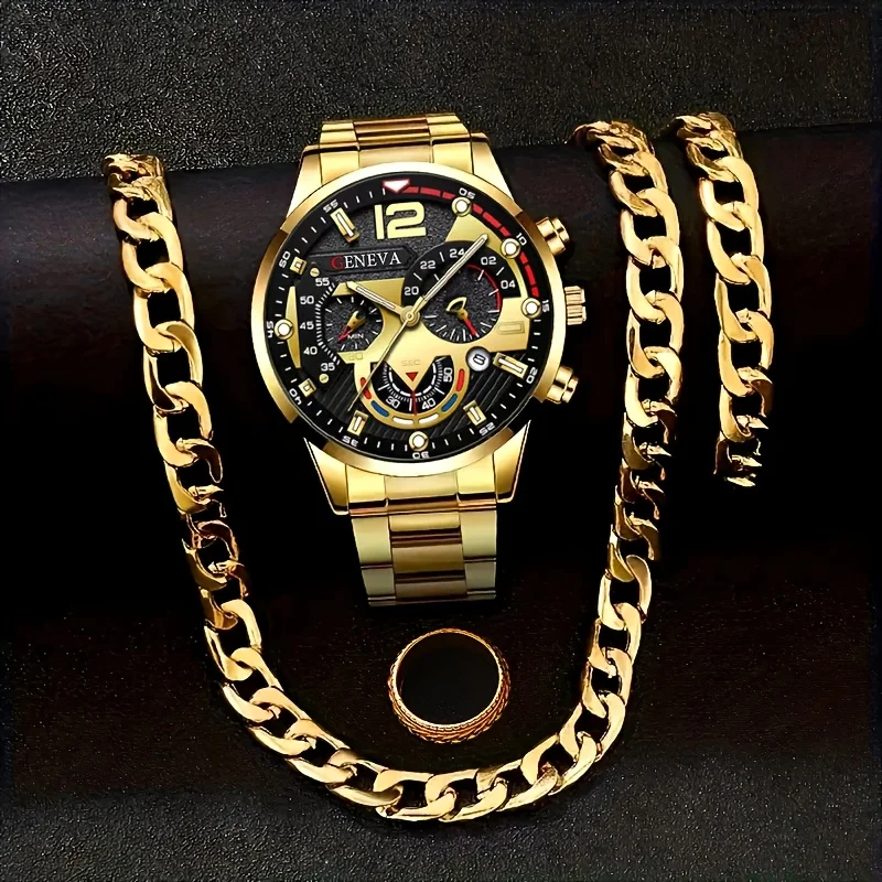 

Набор из 4 предметов: модные и персонализированные мужские часы с деловым календарем, золотое колье, браслет, кольцо,