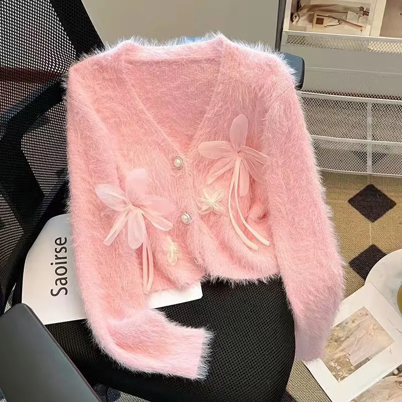 

Soft-style Three-Dimensional Flower Imitation Mink Velvet Knitted Cardigan Women's Autumn Winter New High Quality Sweater Coats