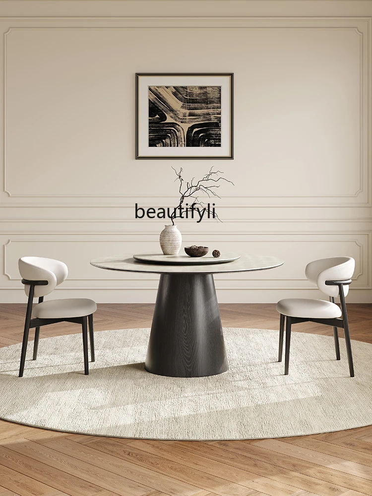 French Solid Wood Stone Plate Dining Table and Chair Assemblage Zone Turntable Household Small Apartment Modern Minimalist