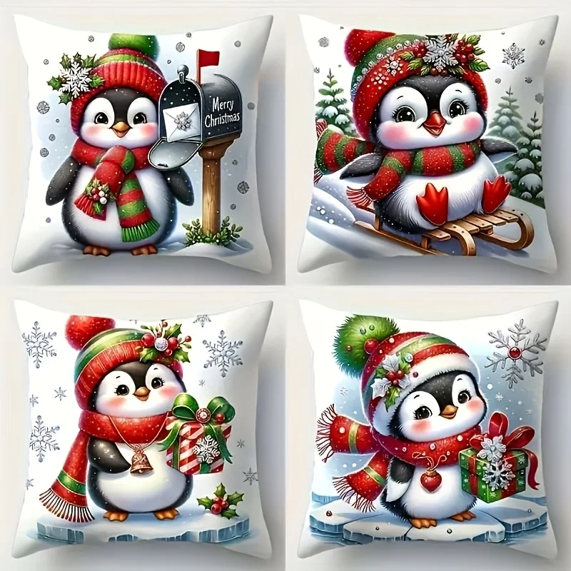 2D FLAT-1/4pcs Christmas Cute Penguin Pillow Covers Sofa chair farmhouse holiday decoration cushion cover
