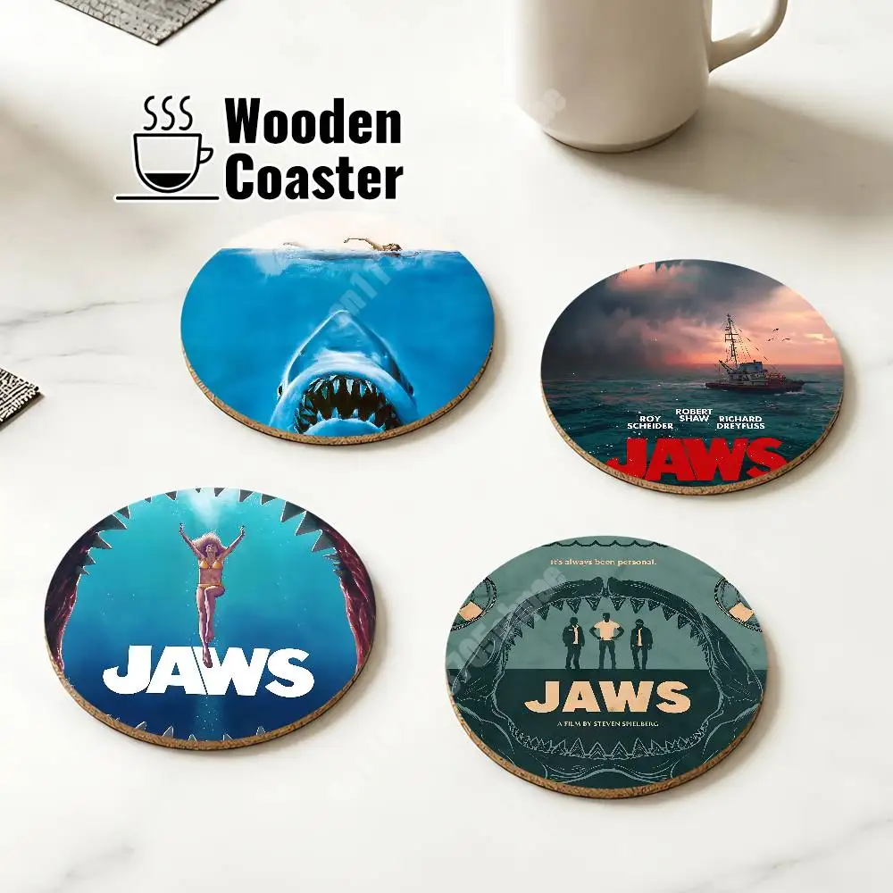 J-JAWS 1975 Steven Movie Spielberg Wooden Cup Mat Americano Beer Milk Water Coaster for Baking Studio