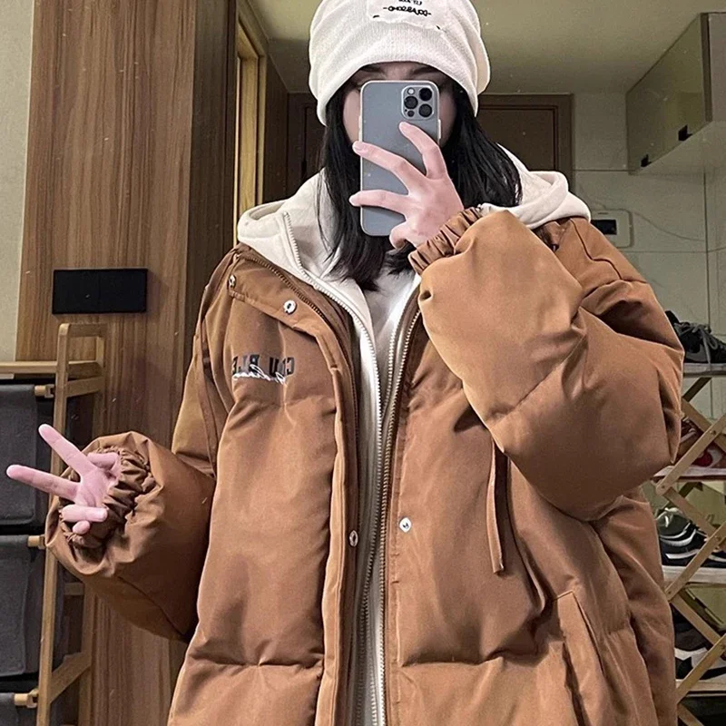 High Street Winter Parkas Women Korean Oversize Vintage Casual Loose Letter Solid Puffy Coats Lady Hooded New Thick Warm Outwear