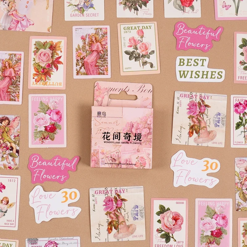 

46Pcs Mini Box Flowers Stickers Supplies Wonderland Among Romantic Floral Scrapbook Decoration Materials Adhesive 4CM