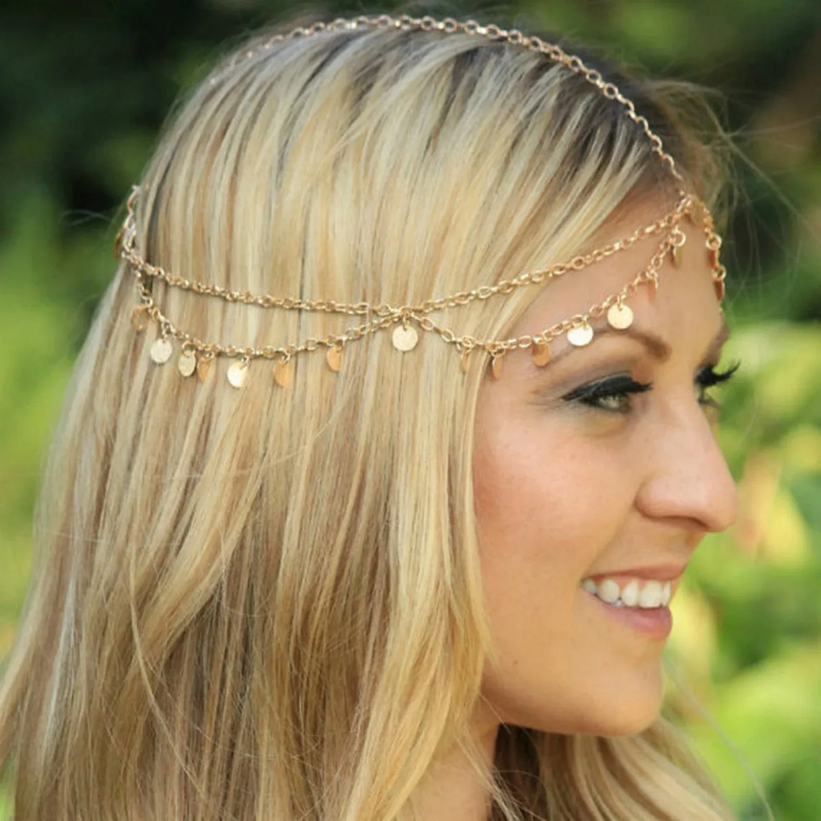 1 Stück Boho-Stil Goldketten-Kopfschmuck mit Scheibenanhängern Elegantes Haaraccessoire für Festivals und Partys – Detail 1