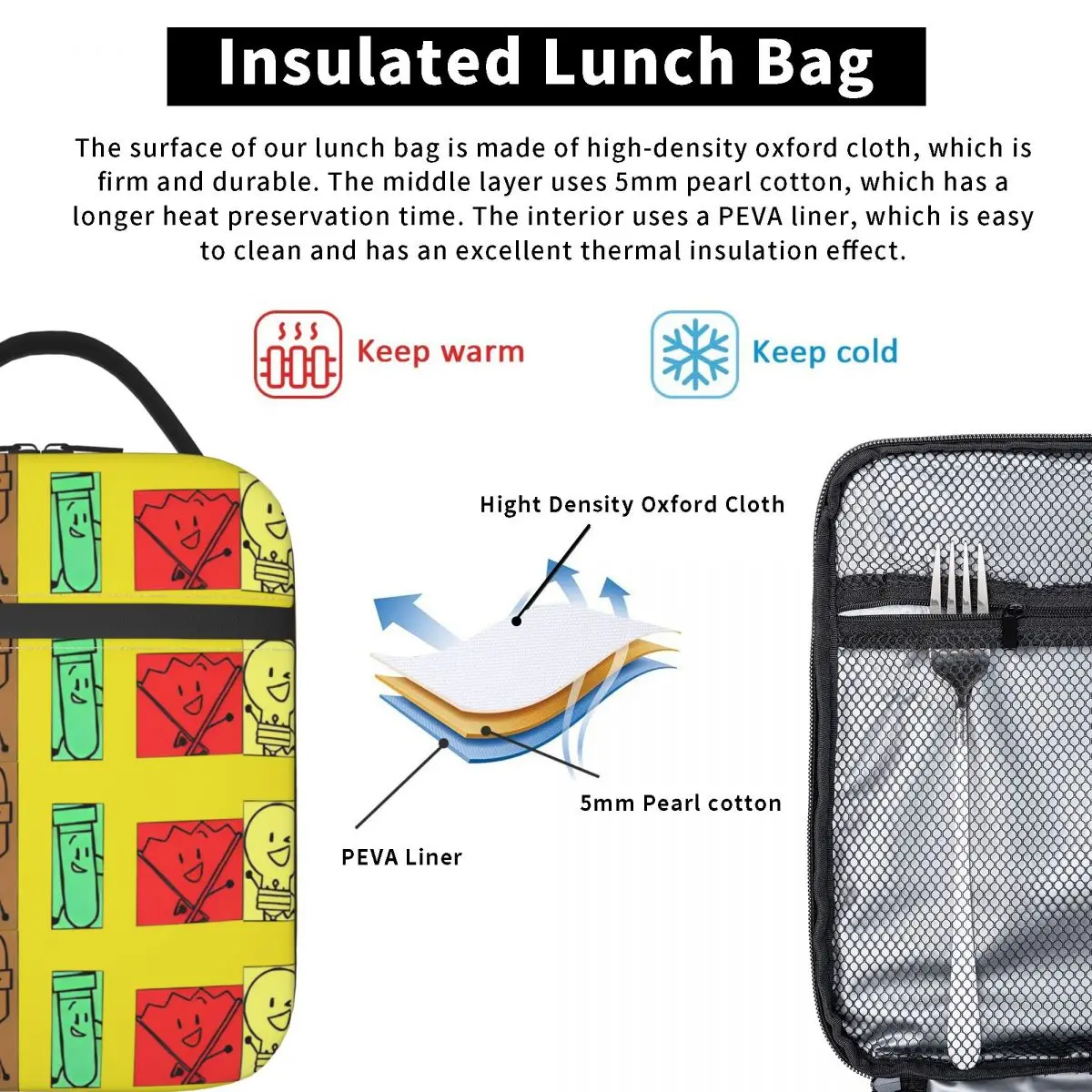 BFDI Inanimate الجنون جميع الشخصيات حقيبة الغداء للرجال الجرافيك علب الاغذية الرجعية حقيبة للحفاظ على البرودة المحمولة أكسفورد أكياس الغداء الحرارية