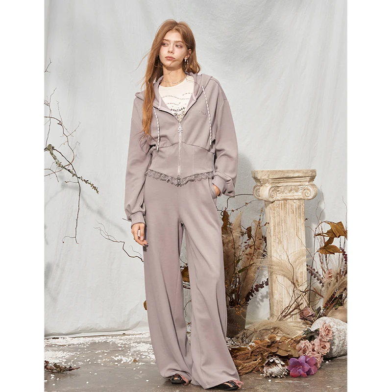 ELFSACK Women's Casual 2 Piece Set with Ruffle Hem Crop Zip Hoodie, Wide Leg Pants for Daily Cozy Wear