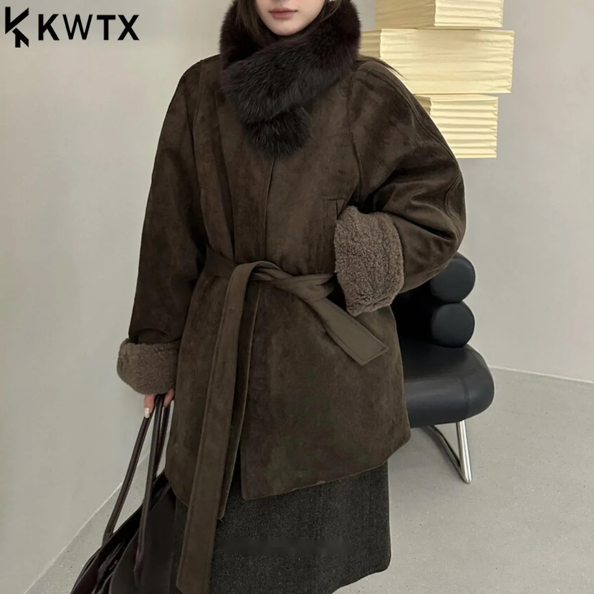 KWTX Women’s 2025 New Solid Cotton MidLength Belted Thickened Winter Coat StandCollar Designer Chic Casual Elegant Warm