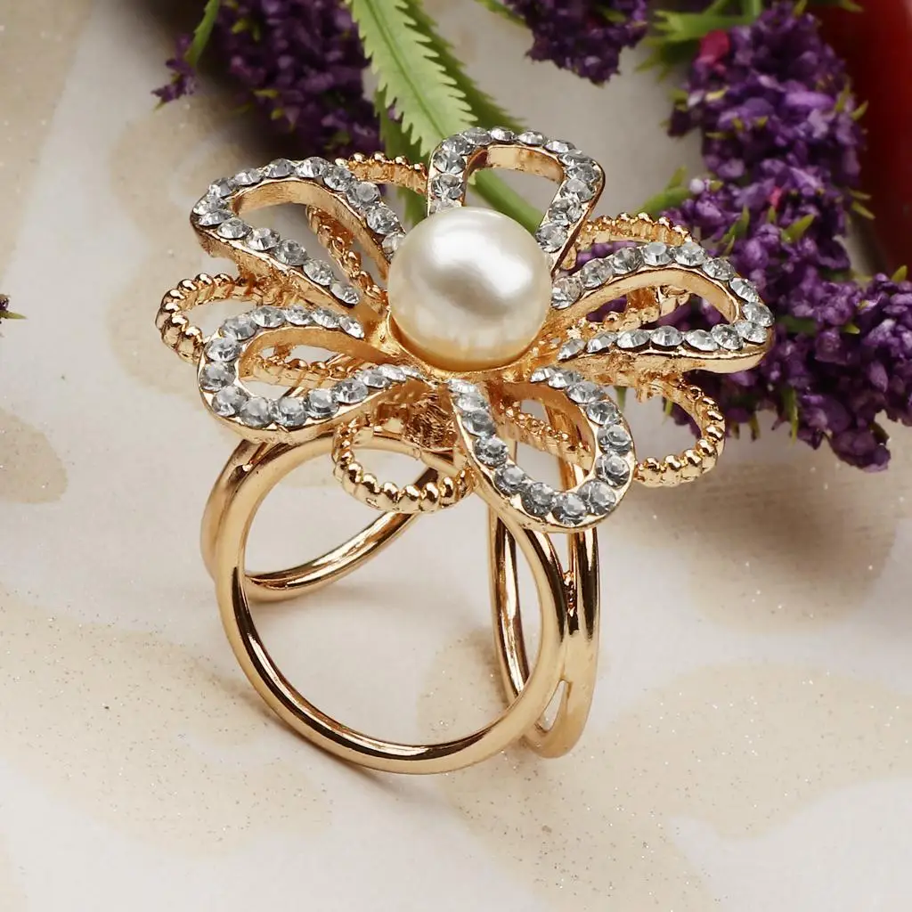 Gold Tone Simulated Pearls Fashion Flower Buckle Scarf Pin Brooch Jewelry