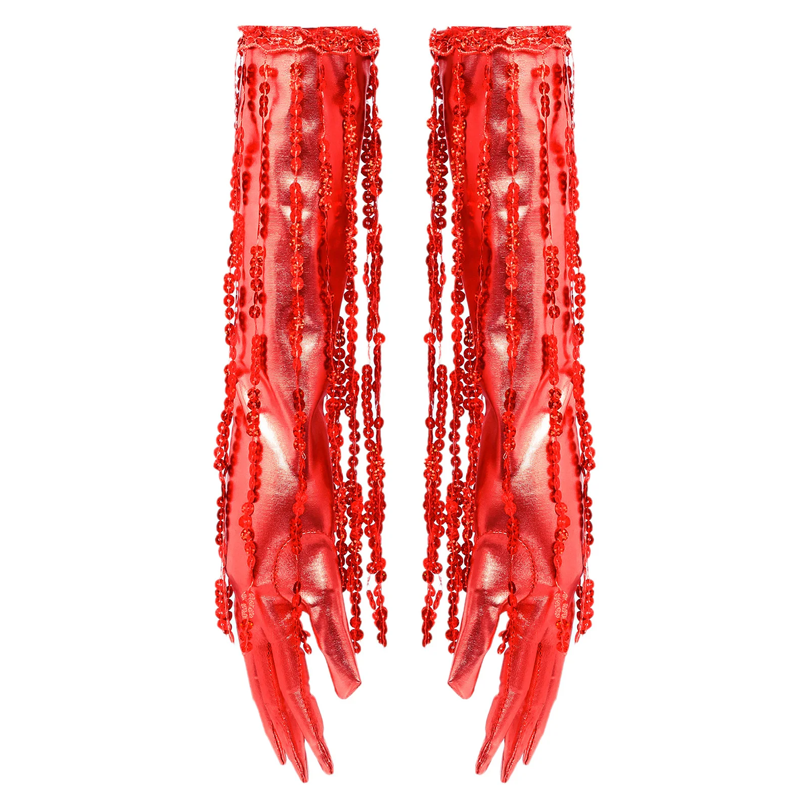 レディースのまばゆいスパンコールフリンジグローブ、メタリックな輝き、1920年代のオペラスタイルのグローブアクセサリー、プロムや社交ダンスのパフォーマンスに最適