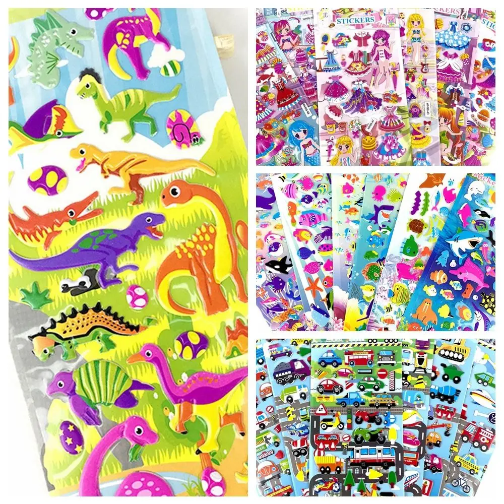 5PCS Sea Life Animal 3D Bubble Sticker Cartoon Shark Dolphin Fish Waterproof Cartoon Anime Stickers PVC Flocking Bow Hat