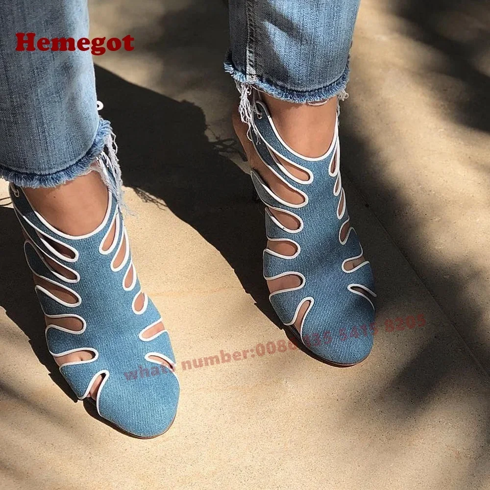

Blue Cut-Out Slingback Sandals Round Toe Canvas Cross Strappy Lace-Up Women's Sandals 2025 New Elegant Stiletto Heels Shoes Sexy