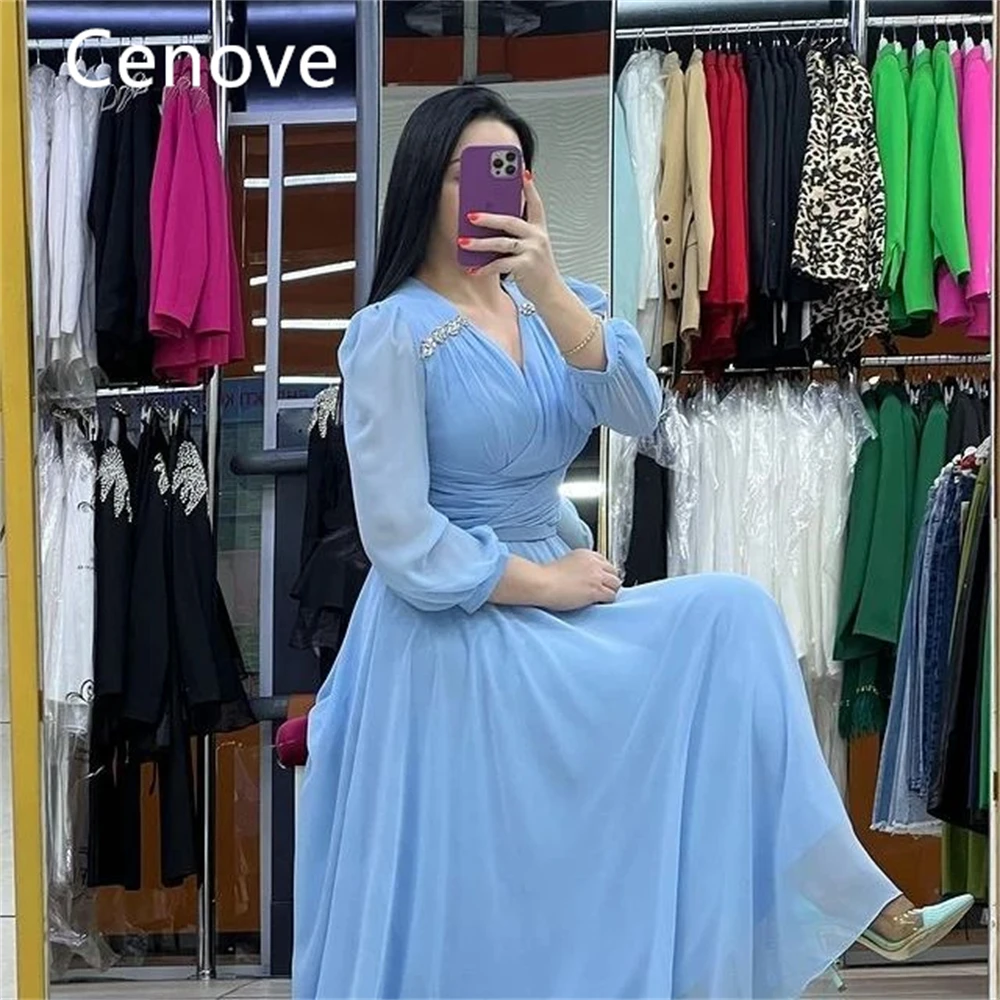 Cenove Blue A-Line V-Neck Prom Dress Ankle-Length With Long Sleeves Evening Summer Party Dress For Women