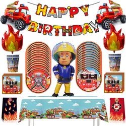 Firefighter Birthday Party Decoration Fire Truck Balloon Plates Napkins Cups Tablecloth Boy Fire Protection Theme Party Supplies