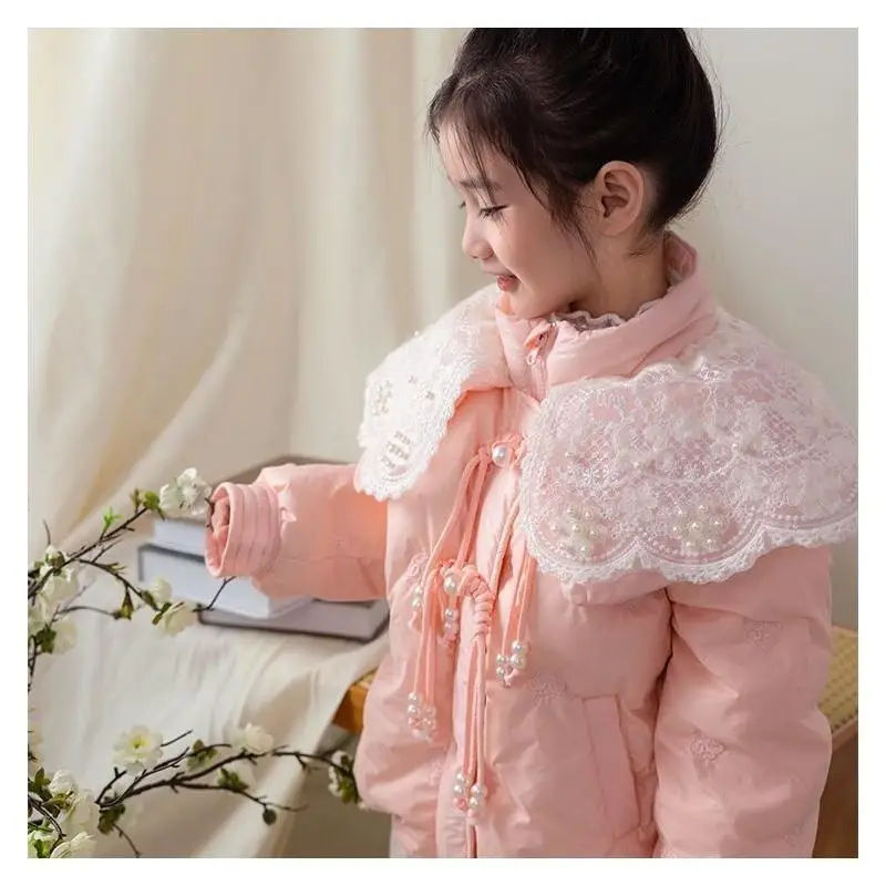 Chinese Style Embroidered Girls Princess Cape 2025 Winter Warm Fluffy Feather Silk Jacket Traditional New Year Party Outfit