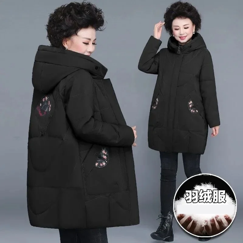 

Women Winter Down Jacket New Embroidered Hooded Mid Length Warm Cotton Padded Jacket Middle aged Basic Coat Female Outerwear 5XL